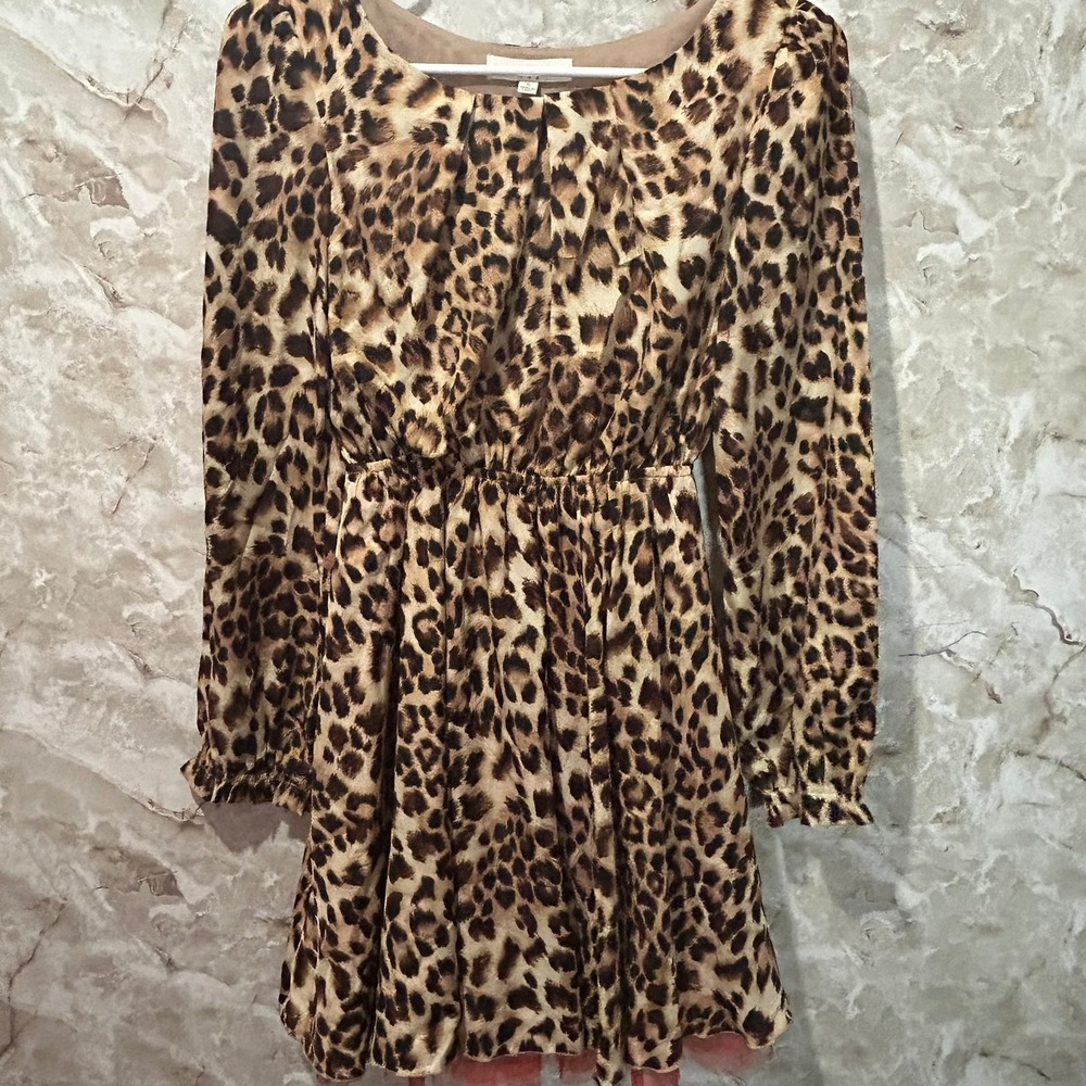 Umgee Leopard‎ Print Dress Long Sleeve Mini Dress Elastic Waist Size S